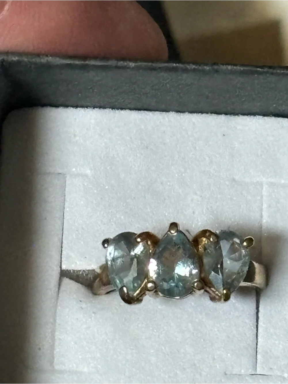 925 Gold Vermeil 3-Stone Pear Cut Light Blue Gemstone Ring Size 5